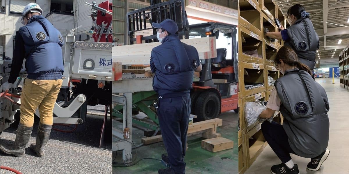 空調服エレファンで快適に働く倉庫スタッフの後ろ姿